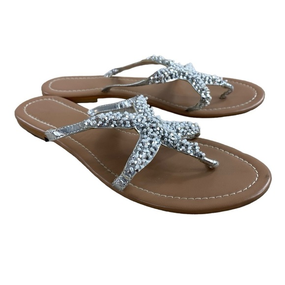 Women’s Sparkly Silver Beachy Rhinestone Starfish Flat Sandals Flip Flops Sz 6 - Picture 2 of 15